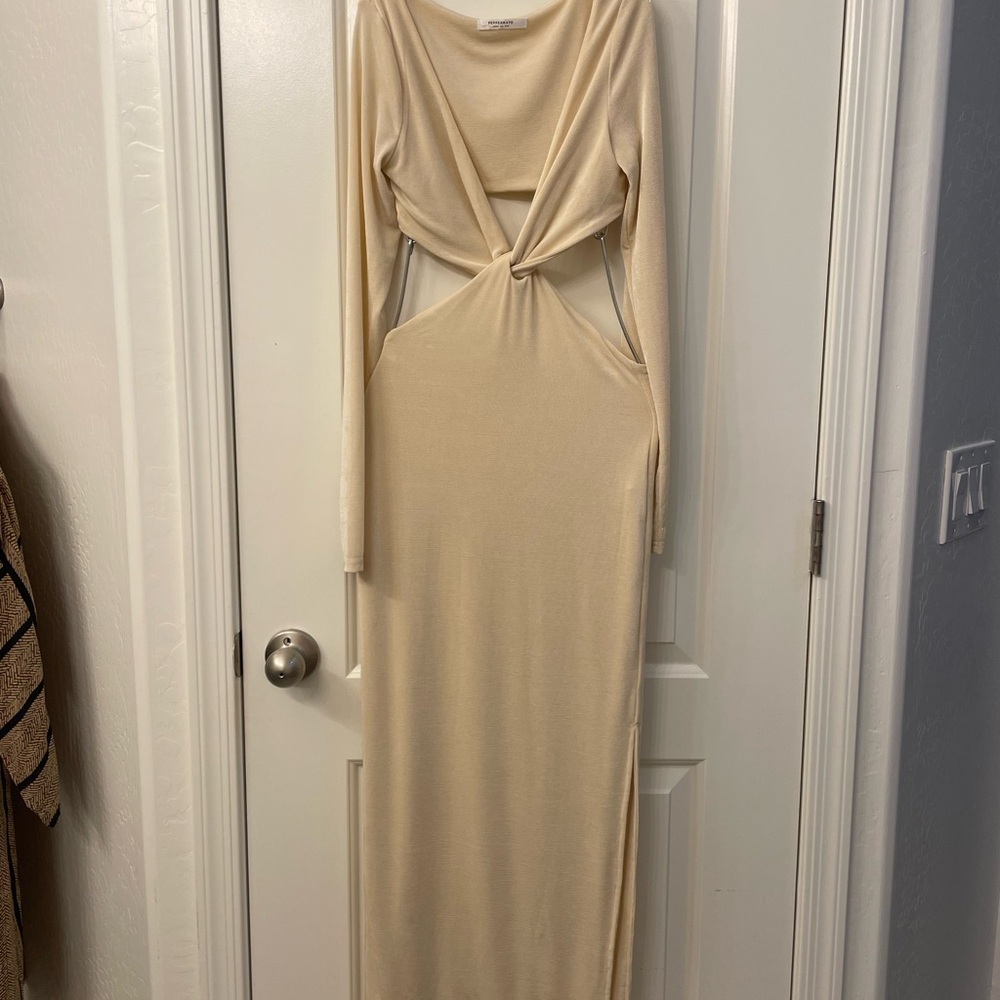 Peppermayo Cream Long Sleeve Cut-Out Dress